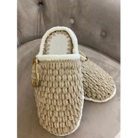 Resim Pembe portakal örgü bej ev terliği panduf 