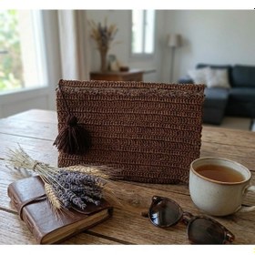 Resim Myballistore Kağıt İpten El Örgüsü Clutch Kahverengi Püskül Detaylı Astarlı Çanta 