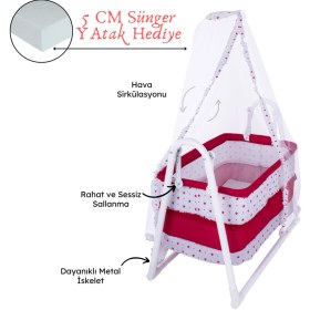 Resim Lüks Sallanır Tüllü Portatif Sepet Beşik Kırmızı 5 Cm Sünger Yatak Kırmızı 