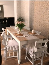 Resim Bej Çizgili Buldan Yıkanmıs Keten 4 Tarafı Fırfırlı Sandalye Minderi Renkli Diğer 