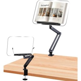 Resim Ayarlanabilir Masa Kenarı Kitap ve Tablet Standı – 360° Dönebilen, 87.5cm Yükseklik Ayarlı, Kelepçeli Metal Kol, Şeffaf Akrilik Panel, Kitap Okuma, Tablet, iPad ile Uyumlu | P87 