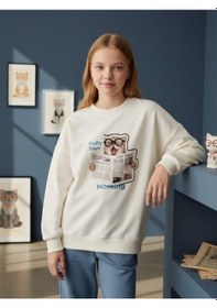 Resim Kız Çocuk Kedi Baskılı Oversize Tasarım Sweatshirt-16487 Ekru 