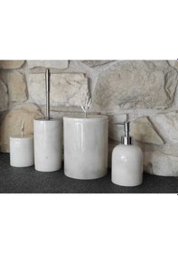 Resim Beyaz Mermer Gümüş Zeytin Dalı Aksesuarlı 4'lü Banyo Seti Beyaz 