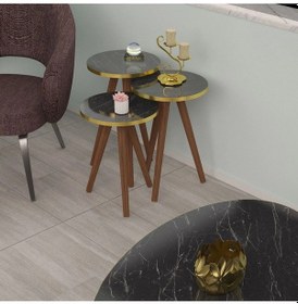 Resim Uslucan Alışveriş Zigon Sehpa Ve Orta Sehpa Set Ahşap Torna Elips Altın Siyah Mermer Desen Çok Renkli 