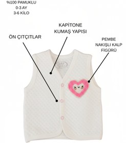 Resim muvina Unisex Bebek Beyaz Kapitoneli Tek Kat Figürlü Pamuklu Pembe Kalpli Yelek 