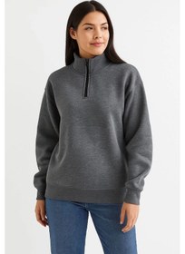 Resim Kadın Üç İplik Dık Yaka Yarım Fermuarlı Sweatshirt - Antrasit Çok Renkli 