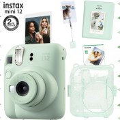 Resim Fujifilm Instax Mini 12 Yeşil Fotoğraf Makinesi - 10'lu Film - Kıskaçlı Stand - Pvc Albüm ve Simli Pleksi Kılıf Seti 