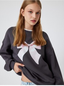 Resim Koton Oversize Sweatshirt Fiyonk Baskılı Bisiklet Yaka Şardonlu Antrasit 5wal10440ık Antrasit 