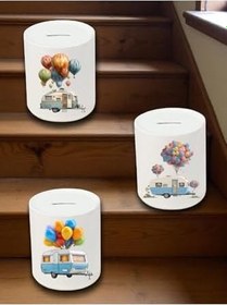 Resim Balon ve Karavan Baskılı Masaüstü Kumbara - Ev Mutfak Ofis İşyeri Eşyası 