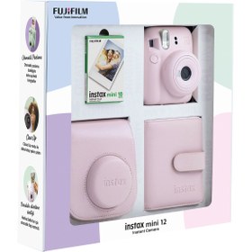 Resim Fujifilm Instax mini 12 Pembe Fotoğraf Makinesi 10'lu Film Kare Albüm ve Deri Kılıf Bundle Box 