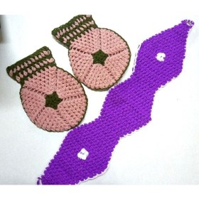 Resim Yeşil Pembe Mor Beyaz Üçlü Lif Takımı El İşi Örme 