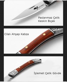 Resim Valkyrie Ahşap Mini Çelik İşlemeli Katlanır Outdoor Cep Kamp Bıçağı Şık Tasarım, Taşıması Kolay Kahverengi 