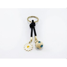 Resim Siyah Cam Nazar Boncuklu Papatyalı Anahtarlık, Hediyelik Cam Bonc 