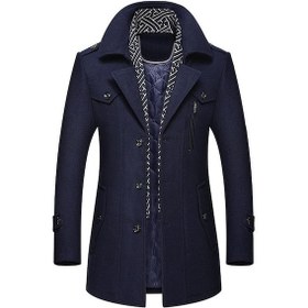 Resim Erkek Yünlü Ceket Sonbahar Ve Kış Erkek Eşarp Yaka Mont Kaban Lacivert 