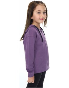 Resim Toontoy Kız Çocuk Kapüşonlu Fermuarlı Cepli Düşük Omuz Nakış Baskılı Örme Hırka - 2 İplik Mor 