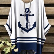 Resim Büyük Beden - Büyük Beden Kadınlar için Anzak Baskılı T-Shirt - Rahat Zarif Rahat Crew Neck Kısa Kollu Üst, Deniz Mavisi ve Beyaz Çizgili Desen, Tüm Mevsimler için Hafif Esnek Kumaş, Rahat Giyim | Anzak Baskılı Üst | Polyester Karışımı 