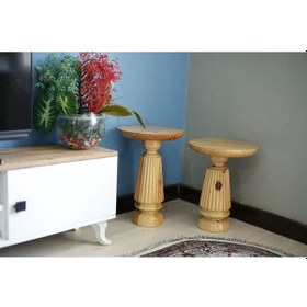 Resim 2'li Oval Çizgili Vernikli Yan Sehpa Naturel 