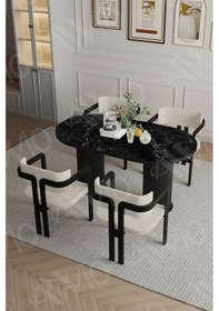 Resim Avvio Nidya Ptt Lake Mdf Ayak 4'lü Tokyo Metal Demonte Sandalye 80x140 Masa Sandalye Takımı Siyah Mermer 