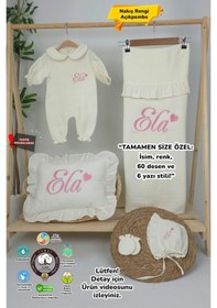 Resim Gros Shop Müslin Yeni Doğan 4katlı Organik %100pamuk Kişiye Özgü Nakışlı Hastane Çıkış Seti Kalpli Model-4 Ekru 