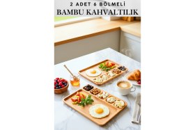 Resim Feyza Design 2'li Doğal Bambu Kahvaltılık ve Servis Seti, 6 Bölmeli, Şık ve Sağlıklı 