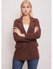 Resim Kadın Düğme Detaylı Uzun Kol Şık Ofis Süs Cep Kapaklı Kumaş Blazer Ceket-kahve Kahve 
