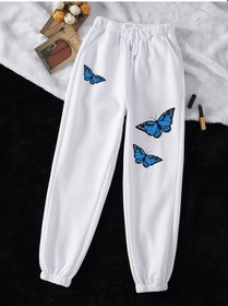 Resim Butterfly Print Drawstring Waist 4 Mevsim Eşofman Beyaz 