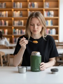 Resim campout Kaşıklı yemek termosu okul iş seyahat kamp çelik mama yemek termos kılıflı askılıklı 316 çelik 600ml 