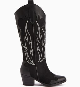 Resim Limoya Bahar Siyah Süet Nakışlı Deri Detaylı Topuklu Western, Kovboy Kadın Çizme 