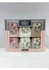 Resim Kadife Gipürlü Analı Kızlı Havlu Seti 6 Lı 3 Ad 50 90-3 Ad 30 50 Krem - Kahve - Pudra 