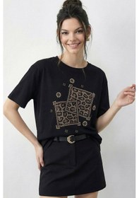 Resim Shade Kadın Taş Baskılı Leopar Desenli Bisiklet Yaka Regular Fit T-shirt 2209 60283975 - Siyah 
