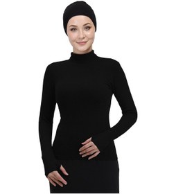 Resim Manolyaşal İslamic Hijab Hafif Balıkçı Yakalı Parmak Geçmeli Likralı Organik Kadın Body Siyah 