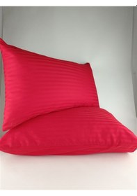 Resim Çizgili Saten Kırmızı 2 Adet 50x70 Yastık Kılıfı Kırmızı 