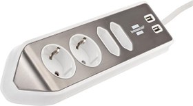 Resim Brennenstuhl Estilo Mutfak ve Ofis İçin Çelik Yüzeyli Köşeli 4 Soketli 2 USB'li 2 M Beyaz Uzatma Kablosu 