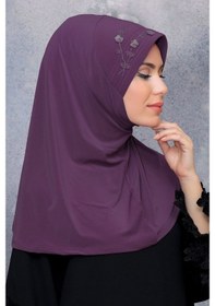 Resim Violet Pratik Hazır Geçmeli Tesettür Eşarp Sandy Kumaş Elişi Çiçe Çok Renkli 