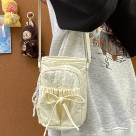 Resim Pembe/Siyah Naylon Çapraz Askılı Çanta - Fiyonk ve Büzgülü Kapatma, Bej/Pembe/Siyah, İçin Telefon Anahtar Cüzdan Hafif Günlük Çantası (Fermuarsuz) 