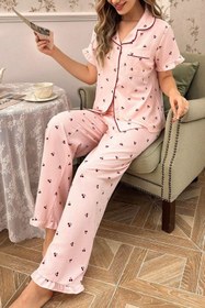 Resim Kiraz Desenli Düğmeli Bebe Yaka Pijama Takımı 7035 - Pembe / XL 