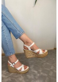 Resim Preshley Kadın Bery Beyaz Cilt Çapraz Bant Yüksek Dolgu Mantar Taban Ayakkabı & Sandalet K-900 Beyaz 