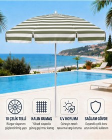 Resim Durul Plaj Şemsiyesi Balkon Bahçe Güneş Şemsiyesi 200cm 10 Telli UV Korumalı - Yeşil Çizgili 