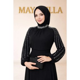 Resim MayaBella Maya Bella Kolları Işlemeli Tesettür Abiye Şifon Kumaşlı Uzun Kol Siyah Renkli Özel Tasarım 