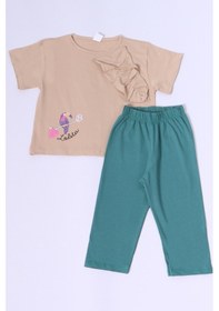Resim Hçm Kız Çocuk Şortlu Takım Oversize Kalıp Baskılı Fırfırlı B34 Bej 