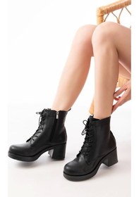 Resim 5109-3025 Siyah Bağcıklı Fermuarlı Kalın Topuklu Günlük Kadın Bot Çok Renkli 