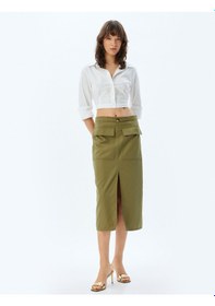 Resim Koton Midi Boy Kalem Etek Yüksek Bel Kargo Cepli Önden Yırtmaç Detaylı Slim Fit Haki 5wak70036pw Haki 