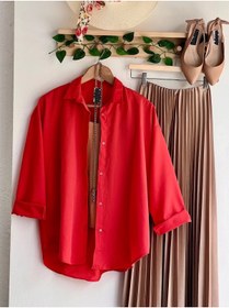 Resim exxitcollection Kadın ABS Boyfriend Uzun Basic Kırmızı Tesettür Gömlek 