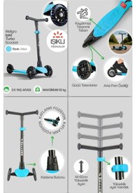 Resim Işıklı Scooter, Ayarlanabilir Yükseklik, Ön Tekerleri Işıklı Çocuk Scooter, Mavi Mavi 