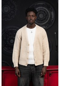 Resim Akçaylar Oversize Crop Model V Yaka Düğme Kapamalı Örgü Hırka Krem 