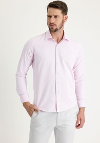 Resim Pembe Uzun Kol Slim Fit Dar Kesim Klasik Desenli Pamuklu Kolay Ütülenebilir Gömlek 