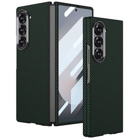 Resim Galaxy Z Fold 6 Uyumlu Kamera Korumalı Karbon Fiber Tasarımlı Arka Yüzey Zore Kıpta Karbon Kapak Koyu Yeşil 