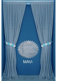 Resim Çizgili Mavi Renk Hazır Dikilmiş Pileli Fon Perde 75x260 Cm 