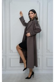 Resim Eccim Fashion Deri Detaylı Broşlu Sade Uzun Kadın Ceket Trençkot 