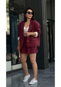 Resim Bordo %100 Ham Keten Şort Bordo 